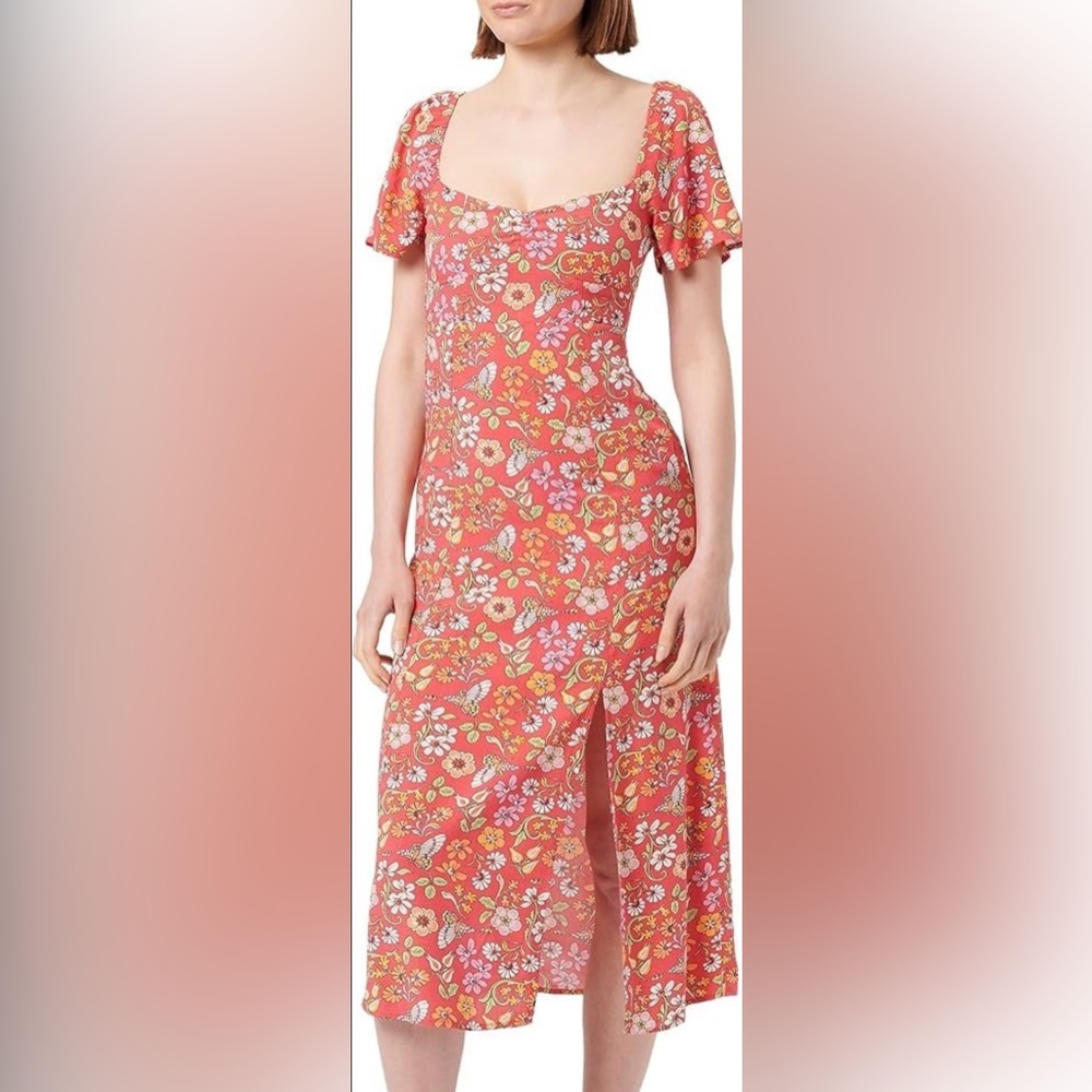 Coral Floral Midi Dress with Flutter Sleeves